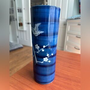 🧡 Takahashi Style Blue Ceramic Vase with Bird and Floral Design 🧡